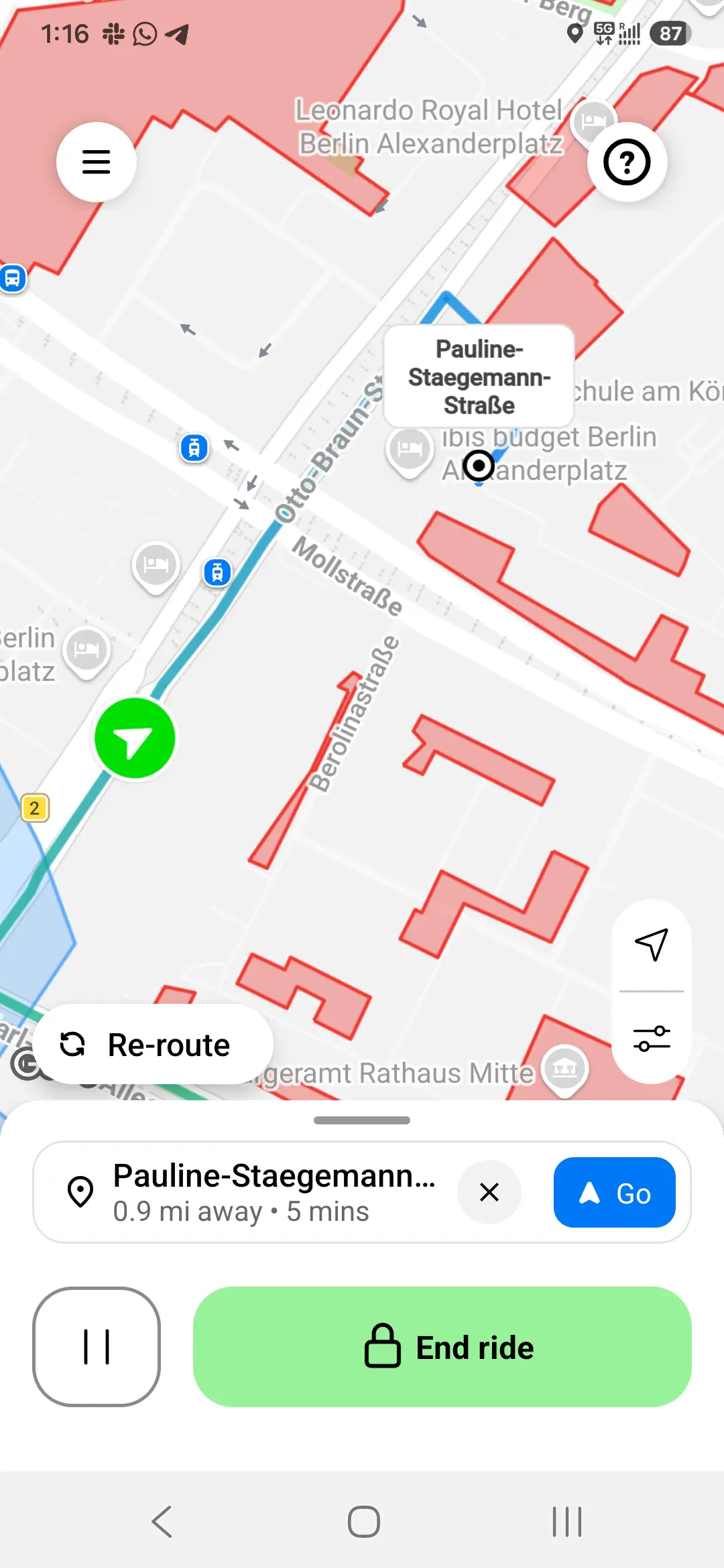 Screenshot of the Lime app showing a map of Berlin with restricted-parking zones marked in red.