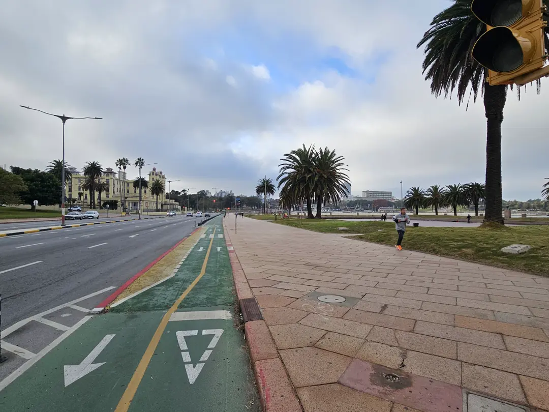 Green two-way bike lane on Rambla República Argentina, divided from three lanes of traffic by a red painted buffer; to the right the pedestrian promenade, palms and the El Cuadrado skating rink; the Edificio Mercosur in the distance.
