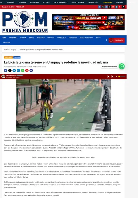 Captura de prensamercosur.org/2026/04/15/la-bicicleta-gana-terreno-en-uruguay-y-redefine-la-movilidad-urbana-id192040