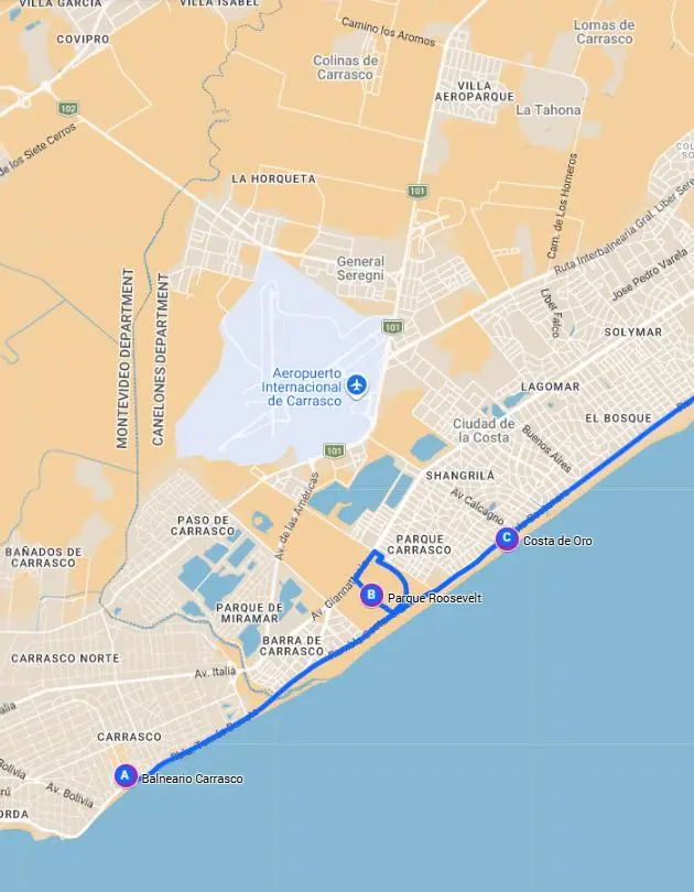 Map of the itinerary: southern stretch from Carrasco to Costa de Oro