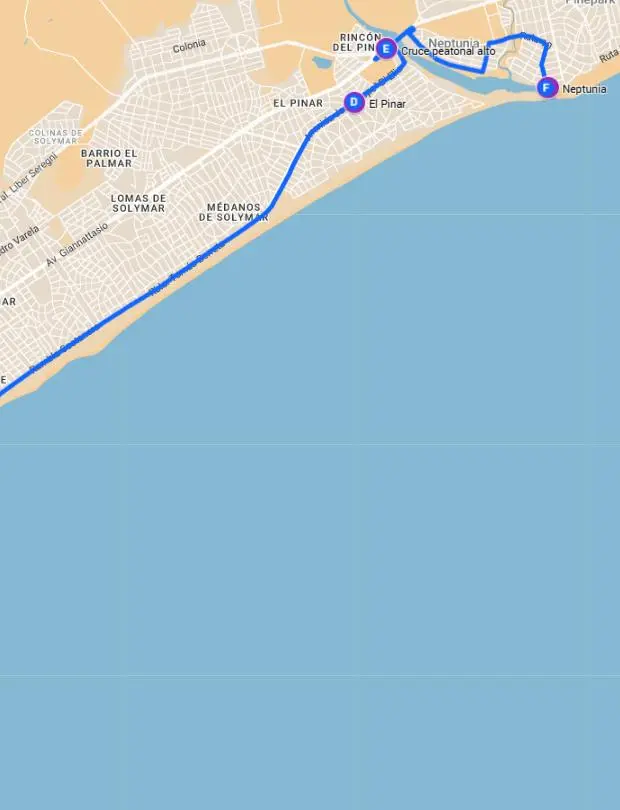 Map of the itinerary: northern stretch from El Pinar to Neptunia